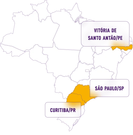 Mapa do Brasil com destaques em Vitória de Santo Antão PE, São Paulo SP e Curitiba PR.